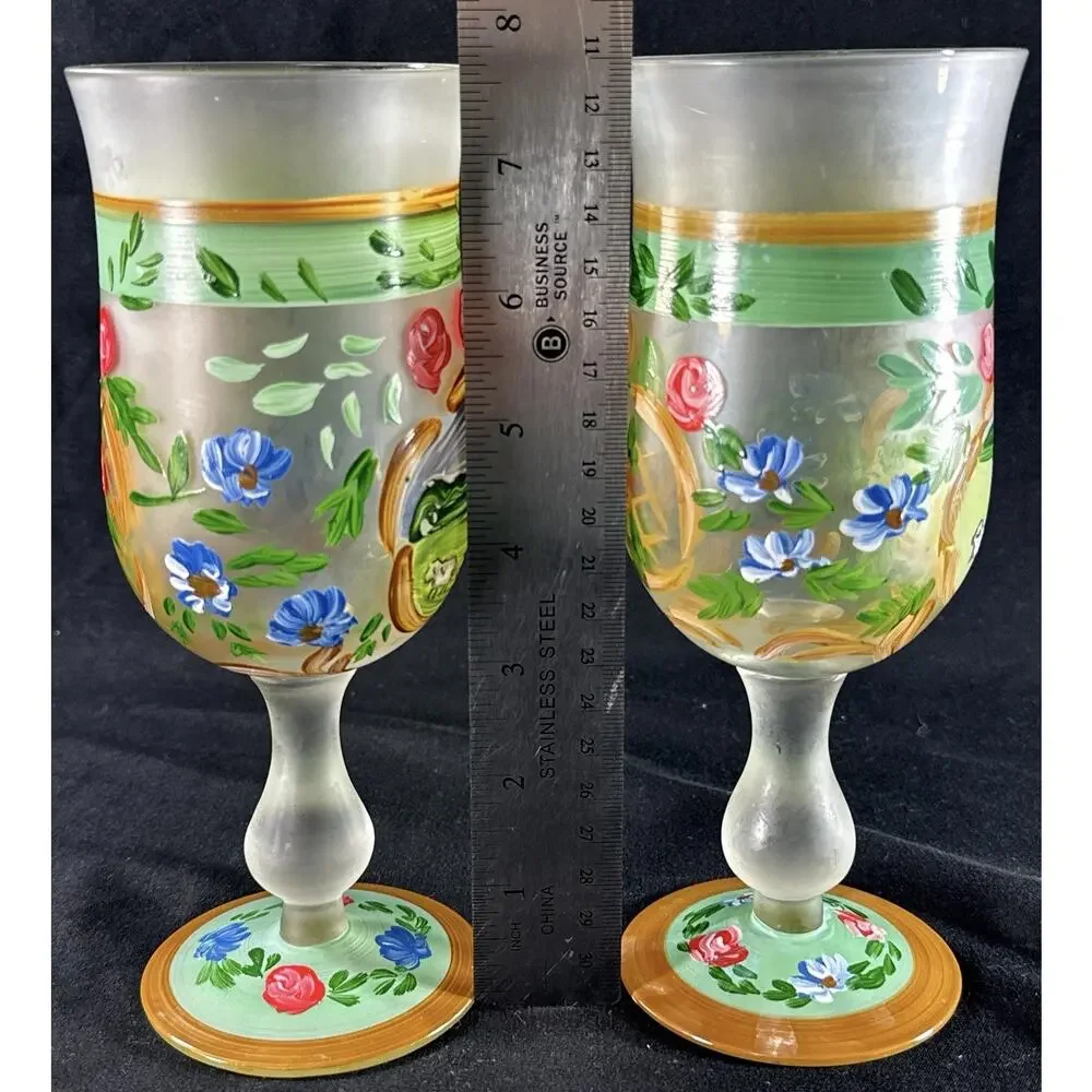 Vintage Hand Painted Frosted Glass Goblets Shepherd Scene Roses Floral 7.5”